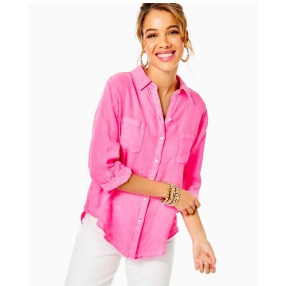 Lilly Pulitzer Sea View Button Down in Aura Pink L
